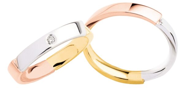 anello oro bianco, giallo, rosa e diamanti