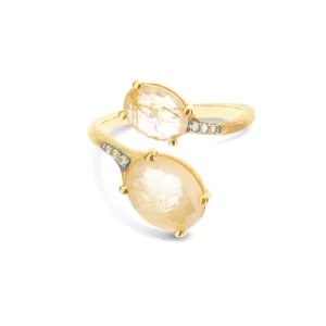 ANELLO CONTRARIÈ "IPANEMA" IN ORO, QUARZO RUTILATO GIALLO E DETTAGLI DI DIAMANTI (PICCOLO)