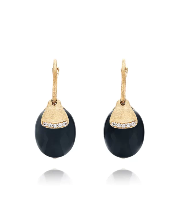 ORECCHINI CILIEGINE "DANCING MISTERY BLACK" PENDENTI CON BOULES IN ORO, ONICE NERO E DETTAGLI IN DIAMANTE (GRANDI)