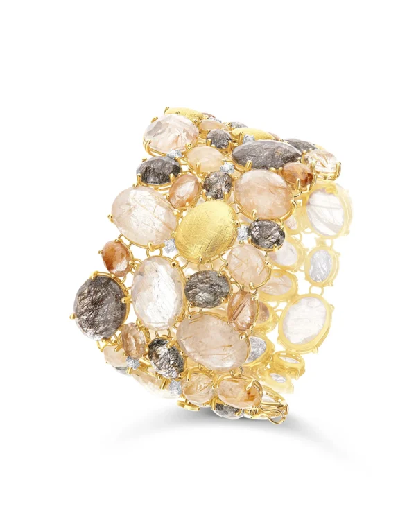 BRACCIALE "IPANEMA" A FASCIA IN ORO, QUARZO RUTILATO E DIAMANTI